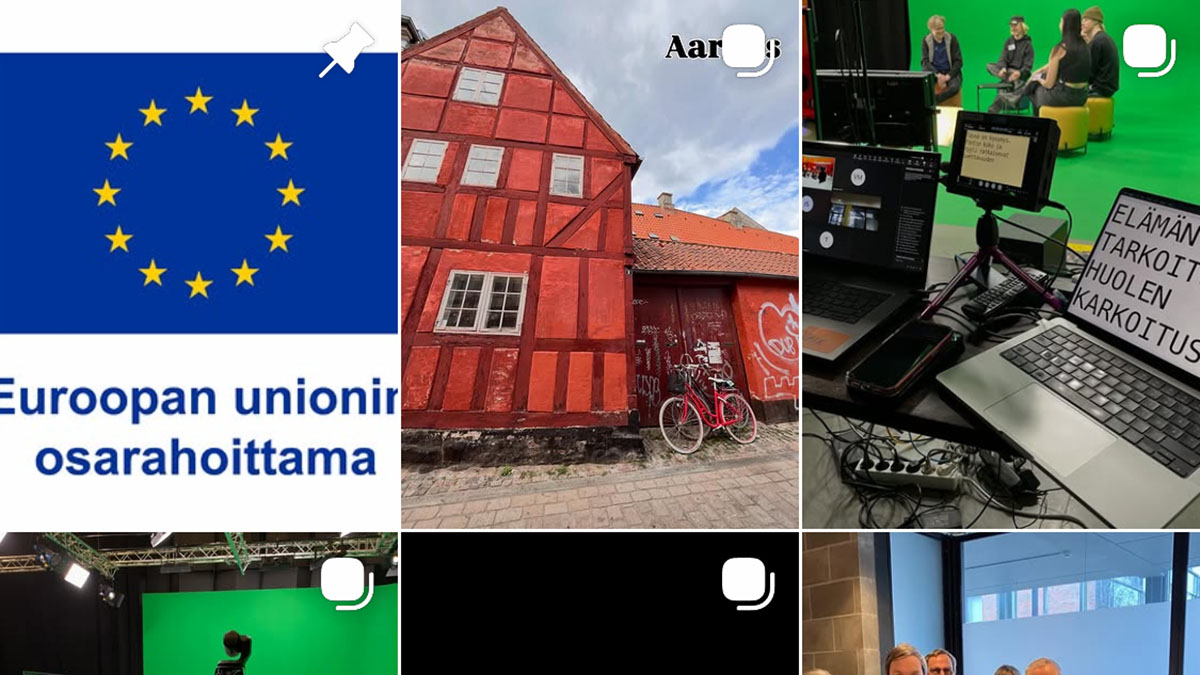 Ruutukaappaus Mediaväylän instagram-tilistä. Näkyvissä EU-lippu, kuva punaisesta talosta sekä green screen -studiosta.